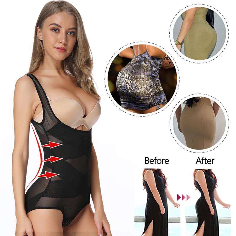1-2 Counts Mesh Shapewear Bodysuit Tummy Control for Women Plus Size Faja Body Shaper Backless Bodysuit Butt Lifter, Ladies Seamless Breathable Shapewear Plus Size S -3XL Beige Black