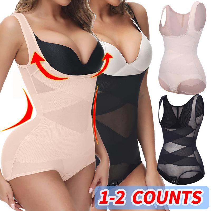 1-2 Counts Mesh Shapewear Bodysuit Tummy Control for Women Plus Size Faja Body Shaper Backless Bodysuit Butt Lifter, Ladies Seamless Breathable Shapewear Plus Size S -3XL Beige Black