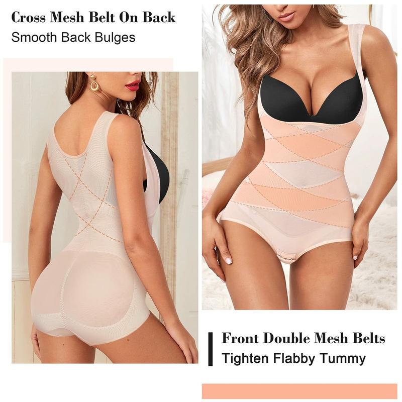 1-2 Counts Mesh Shapewear Bodysuit Tummy Control for Women Plus Size Faja Body Shaper Backless Bodysuit Butt Lifter, Ladies Seamless Breathable Shapewear Plus Size S -3XL Beige Black